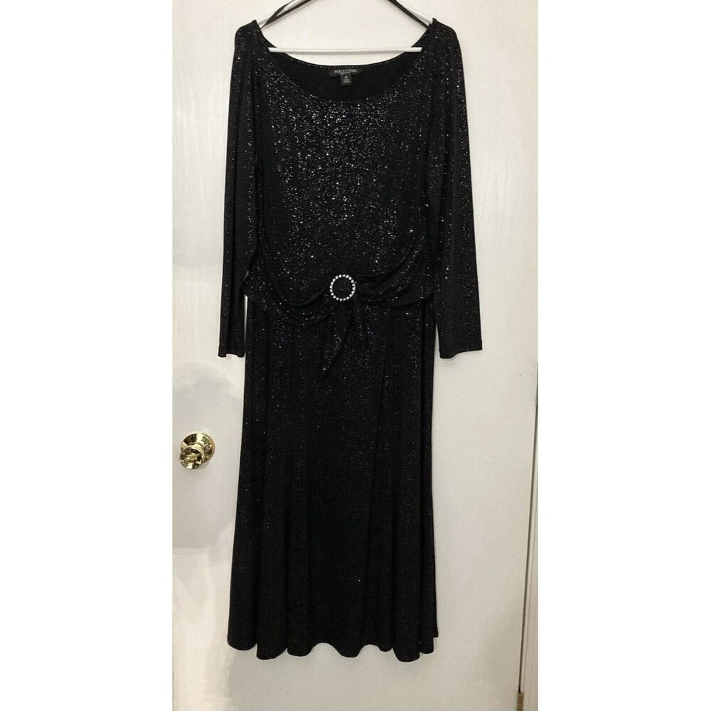 Perceptions New York Women’s Size 18 Black Glittery Belted Stretch Midi Dress - Picture 5 of 7